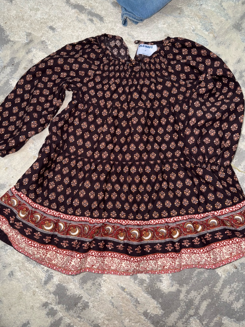 Old Navy Black Boho Printed Peasant Top with Rust and Cream Accents